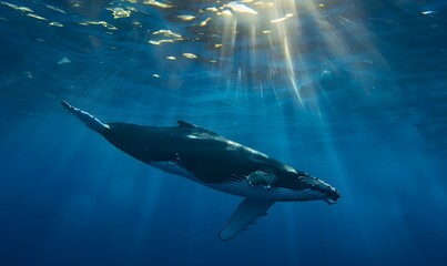 Fototapeta premium Humpback whale gracefully swims underwater, Generative AI