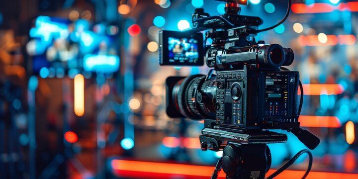 Modern video camera with a digital display recording an interview in a TV show studio. Blurry background. Mass media, television, and technology concepts. Behind the scenes of making of movie and TV
