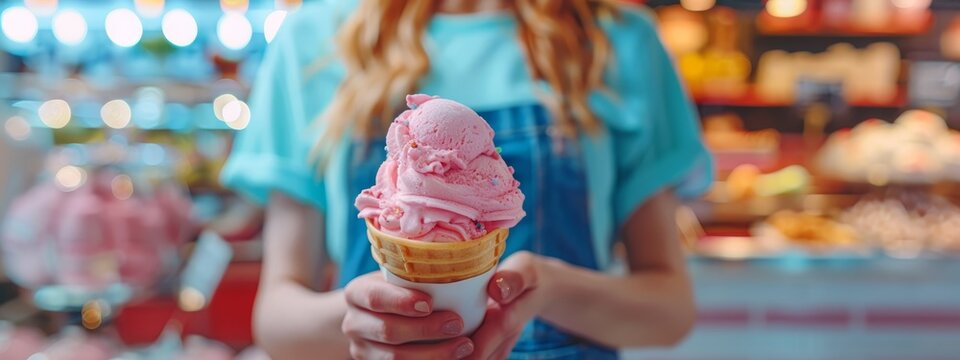  A tight shot of a hand holding an ice cream cone, adorned with pink icing and colorful sprinkles - Powered by Adobe