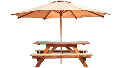 Wooden picnic table with benches and sun shade umbrella isolated on transparent background 