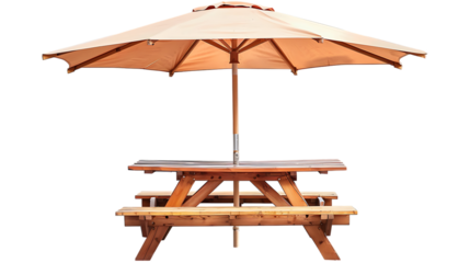 Wooden picnic table with benches and sun shade umbrella isolated on transparent background 
