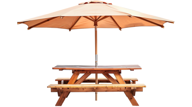 Wooden picnic table with benches and sun shade umbrella isolated on transparent background 