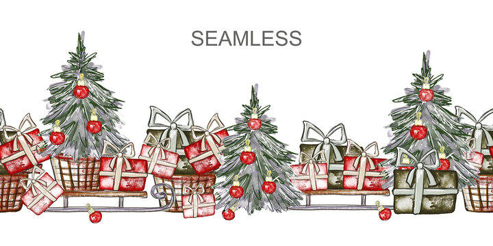 Watercolor winter seamless bordrer with Christmas tree, sleds, gifts and decor. Hand drawn illustration in sketch style. Template for greeting cards, wrapping and textile.