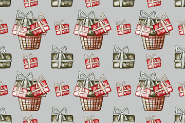 Christmas seamless pattern with gift boxes, balls and christmas tree. Hand drawn illustration in sketch style. Template for wrapping paper and textile.