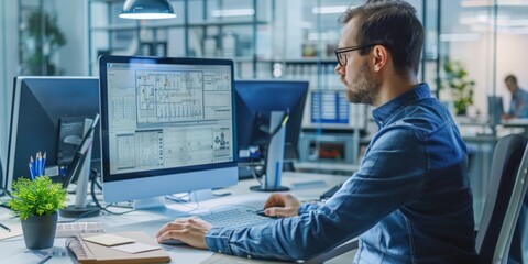 A CAD engineer designing on a computer in a modern office, with a male designer intently focused on a CAD project displayed on the desktop screen. The scene highlights his concentration