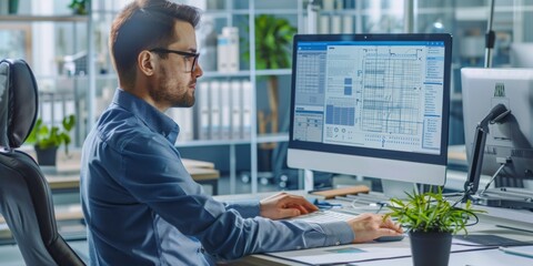A focused engineer working on a computer with architectural plans in a modern industrial office setting, surrounded by high-tech equipment and contemporary design