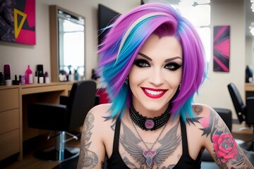 a happy caucasian punk rock young woman in a hair salon, she has multi colored bright colorful hair, edgy, vibrant, rebellious, style, attitude, spiked, dye, streaks, mohawk, undercut, fringe, bold