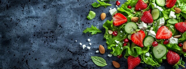  A salad featuring strawberries, cucumbers, lettuce, and almonds against a blue backdrop