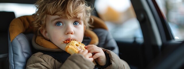  A young boy enjoys a hot dog in a car seat, its bun smeared with ketchup and mustard