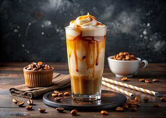 Iced caramel coffee with whipped cream and nuts.
