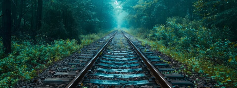  A forested scene with a train track leading the way, ending at a light in its center
