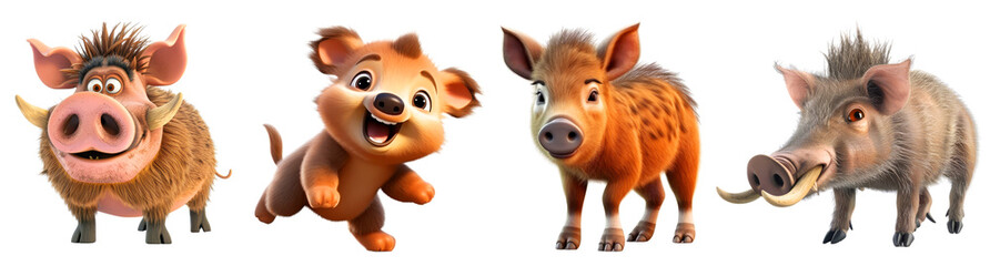 Fototapeta premium Cute and Playful Cartoon Animals - Warthog, Koala, and Wild Boar Characters in Various Poses , on transparent background 