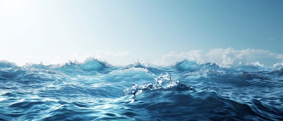 Fototapeta premium A vast expanse of water teems with waves, their crests reaching for the vibrant blue sky above
