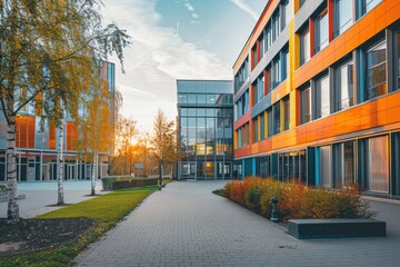 Modern University Campus Exterior at Sunset - Innovative Building Design for Education and Architectural Inspiration