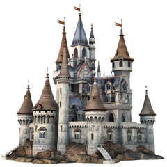 Fototapeta premium Old fairytale castle on the hill isolated on white