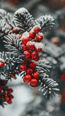  A branch of a tree, adorned with red berries and pine cones, nestled in snow