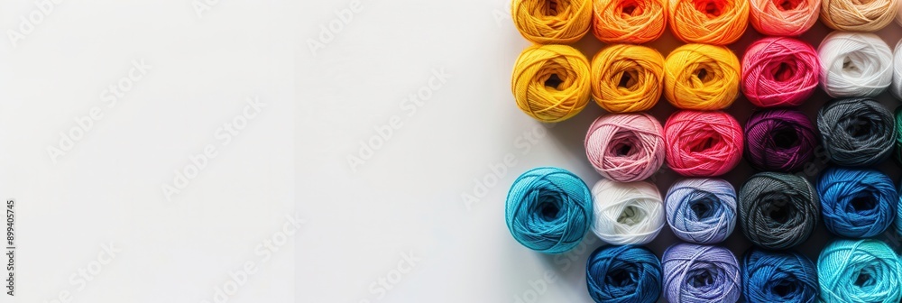 Poster a vibrant grid of colorful yarn rolls sits against a white background, providing ample space for tex