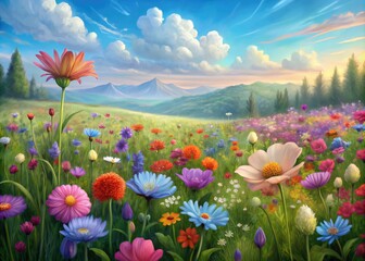 Colorful wildflowers blooming in a sunny meadow.