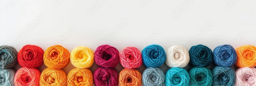 Fototapete brightly colored yarn rolls are neatly arranged in a grid pattern on a white surface, providing ampl