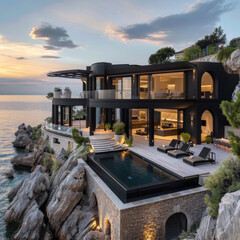 The elegant luxury black mansion in the South of France