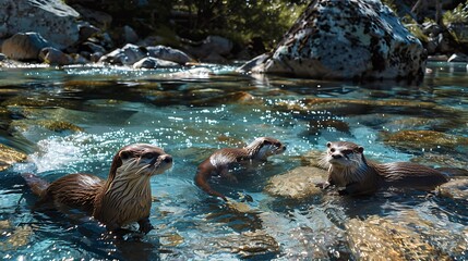 Fototapeta premium Playful Otters frolicking in Clear Mountain Stream amid Rocky Terrain
