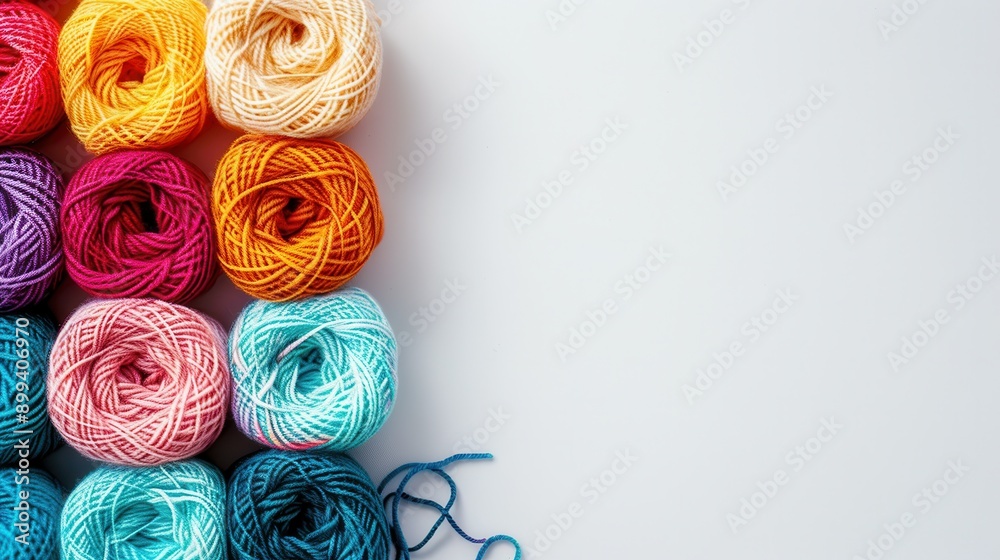 Poster Vibrant rolls of yarn are neatly arranged in a grid formation on a white background, leaving space for creative text and design elements. Generative AI