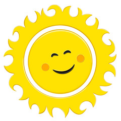 Cartoon funny sun character. Isolated  of adorable solar. Bright summer and weather personages with kawaii faces, big eyes and smiles, and fun