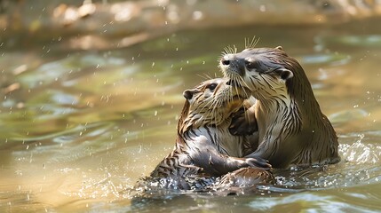 Fototapeta premium Playful Otters Frolicking in Clear Shallow River, Livening Up the Riverbed