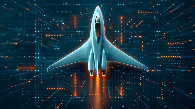 Futuristic Aerospace Engineering Infused with AI Technology and Smart Aviation Practices in Triadic Color Scheme, Top View