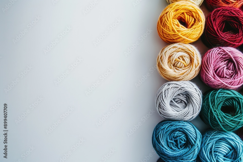 Poster vibrant yarn rolls neatly arranged in a grid on a white background, offering ample space for text pl