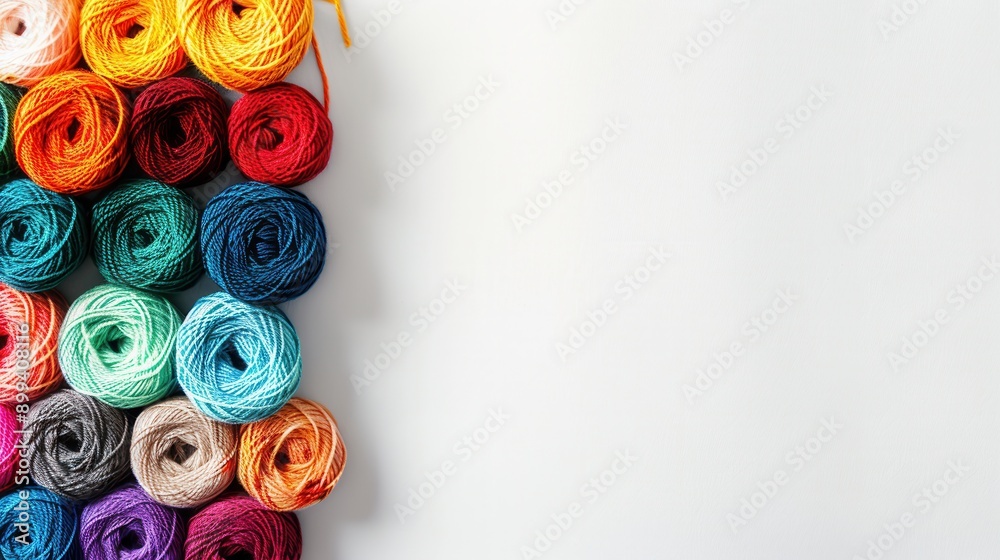 Leinwandbilder Brightly colored yarn rolls are neatly arranged in a grid, providing a vibrant backdrop with ample space for adding creative text or design elements. Generative AI