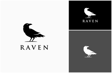 Raven Crow Corvus Gothic Horror Dark Scary Bird Silhouette Vector Logo Design Illustration