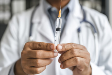 Healthcare Professional Preparing Injection Close-up of a doctor holding a syringe and vial emphasizing medical care vaccination and patient health in a clinical setting Background Wallpaper
