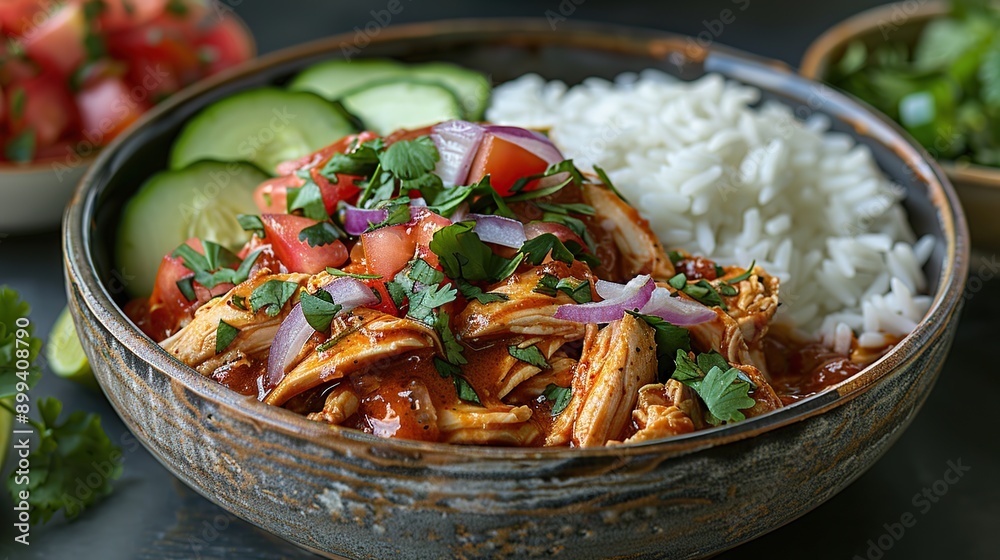 Poster delicious chicken bowl with rice, salsa and cucumber