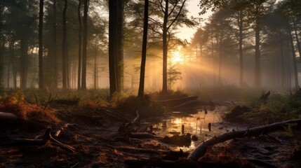 Fototapeta premium Misty sunset over farmland forest with tree silhouettes with burnt orange skies. Neural network ai generated art