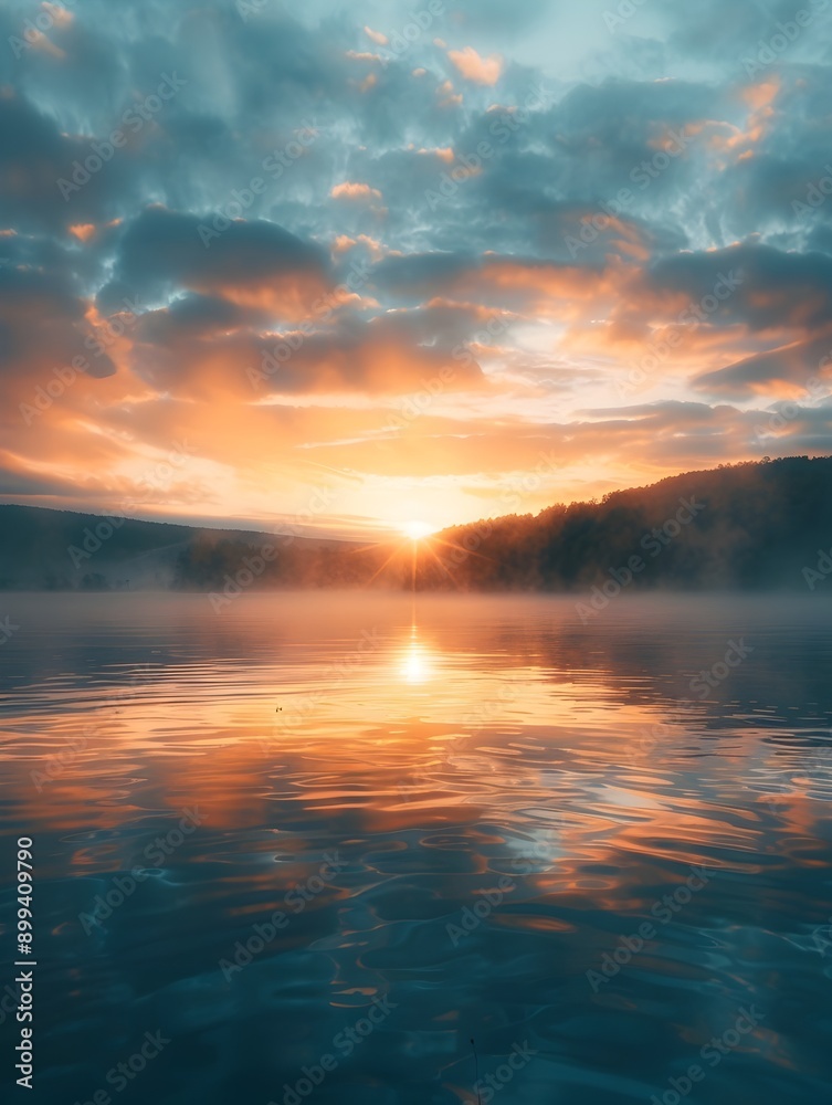 Canvas Prints Serene Sunrise Reflection on Tranquil Lake with Mist at Dawn Symbolizing New Beginnings