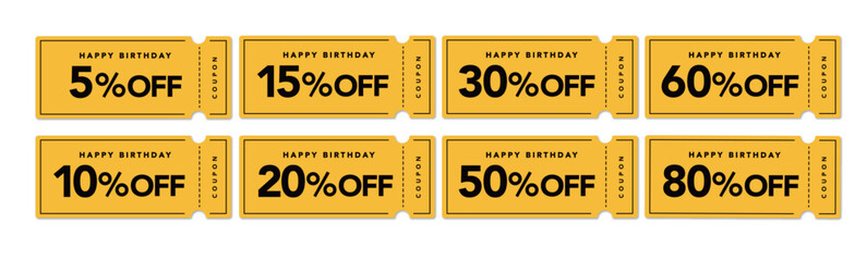 誕生日セールに使えるポップな黄色と黒のクーポンベクターアイコンセット（割引率別）