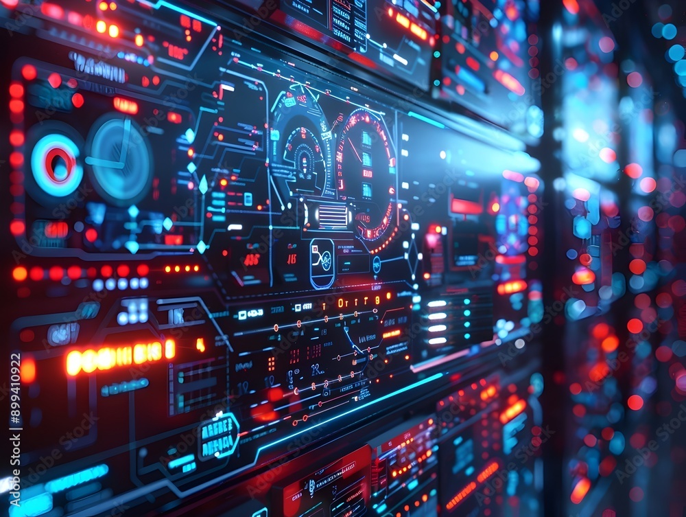 Poster futuristic cybernetic interface with floating data panels and touch controls in digital environment