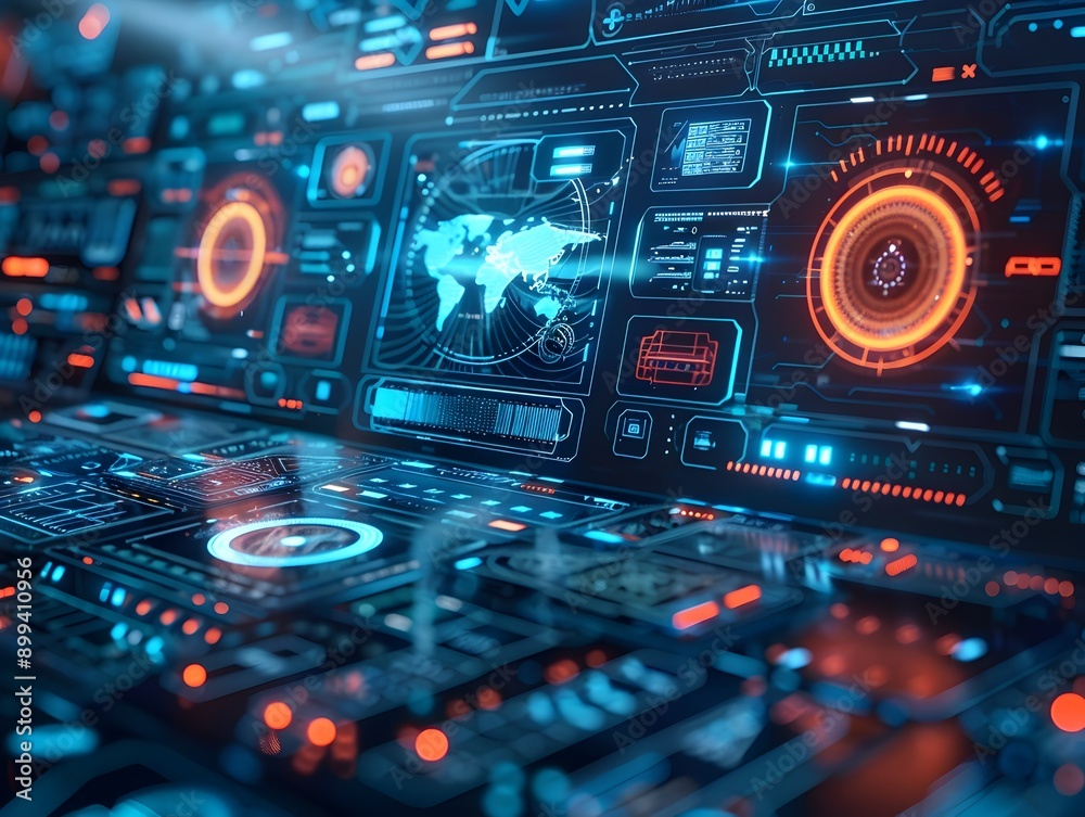 Poster futuristic cybernetic interface with floating data panels and touch controls in a glowing cyber envi