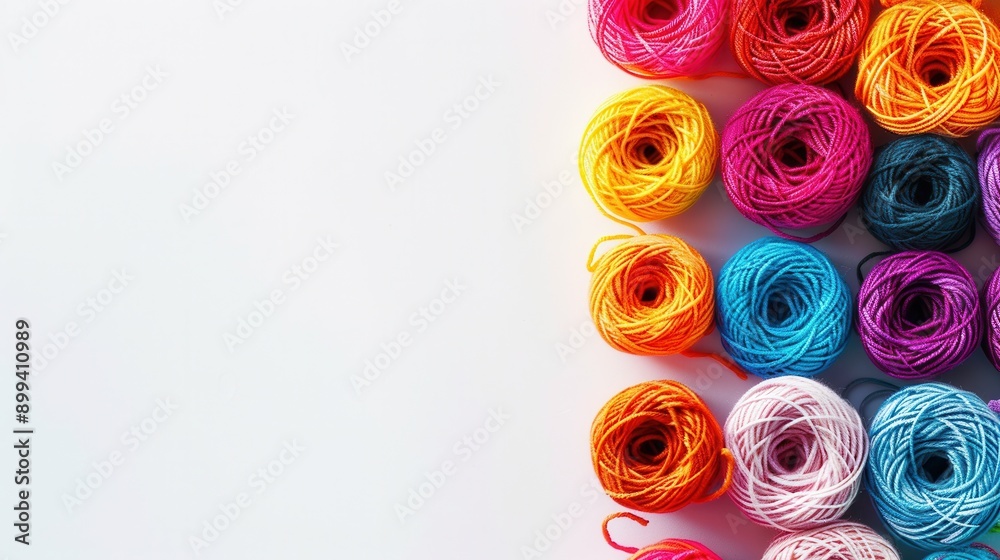 Poster a vibrant grid of yarn rolls in assorted colors on a clean white background, offering a creative spa