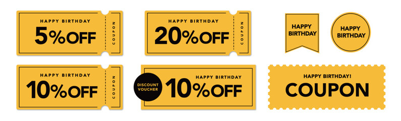 誕生日セールに使えるポップな黄色と黒のクーポンベクターアイコンセット