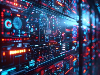 Obraz premium Futuristic Cybernetic Interface with Floating Data Panels and Touch Controls in Digital Environment