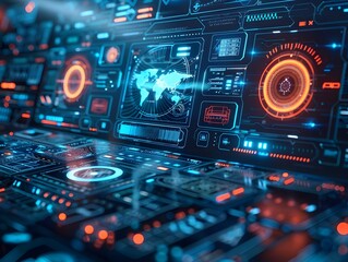 Futuristic Cybernetic Interface with Floating Data Panels and Touch Controls in a Glowing Cyber Environment