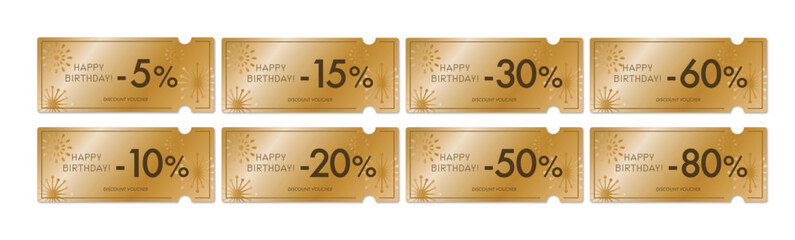 誕生日セールに使える高級感のある金の花火のクーポンベクターアイコンセット（割引率別2）