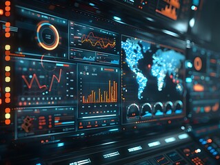 Cybersecurity Dashboard with Real Time Data and Threat Analysis in a Futuristic High Tech Environment