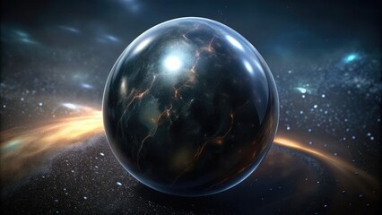 Glowing black planet in a starry universe.