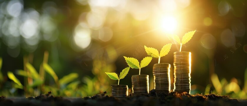Growing Investment Concept with Stacked Coins and Seedlings in Sunlight, Symbolizing Financial Growth and Sustainability