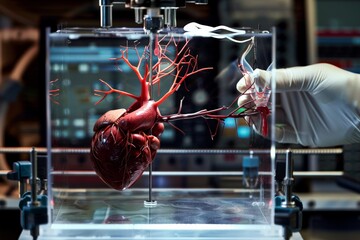 Fototapeta premium 3D Printed Human Heart Model in a Glass Box.