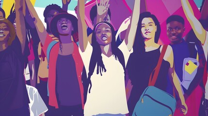 Naklejka premium A heartwarming illustration showcasing a diverse group of studentsâ€”different races, ethnicities, and backgroundsâ€”standing together. They hold backpacks and wave, symbolizing unity and the shared