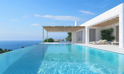 Fototapeta premium Mediterranean white summer villa atop hill with pool , Generative AI